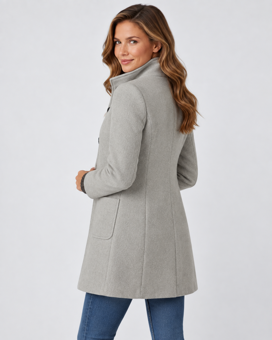 Women's Long Coat with Stand Collar and Button Front