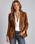 Women's Brown Suede Style Blazer with Notch Lapel and Chest Pocket