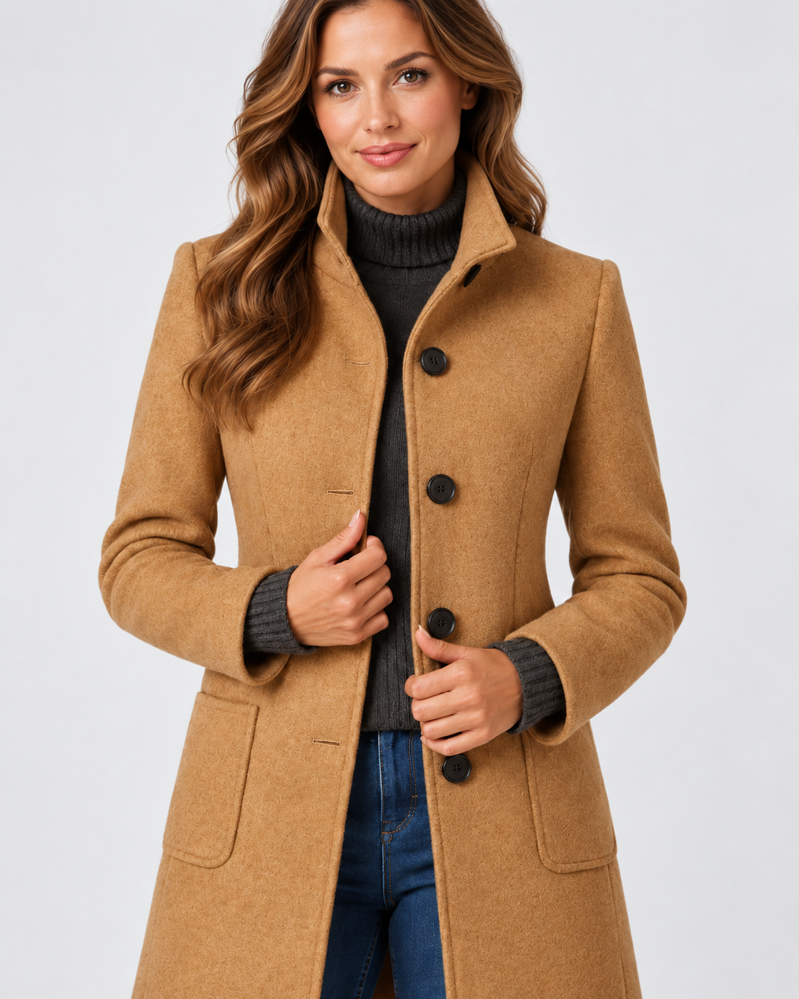 Women's Long Coat with Stand Collar and Button Front