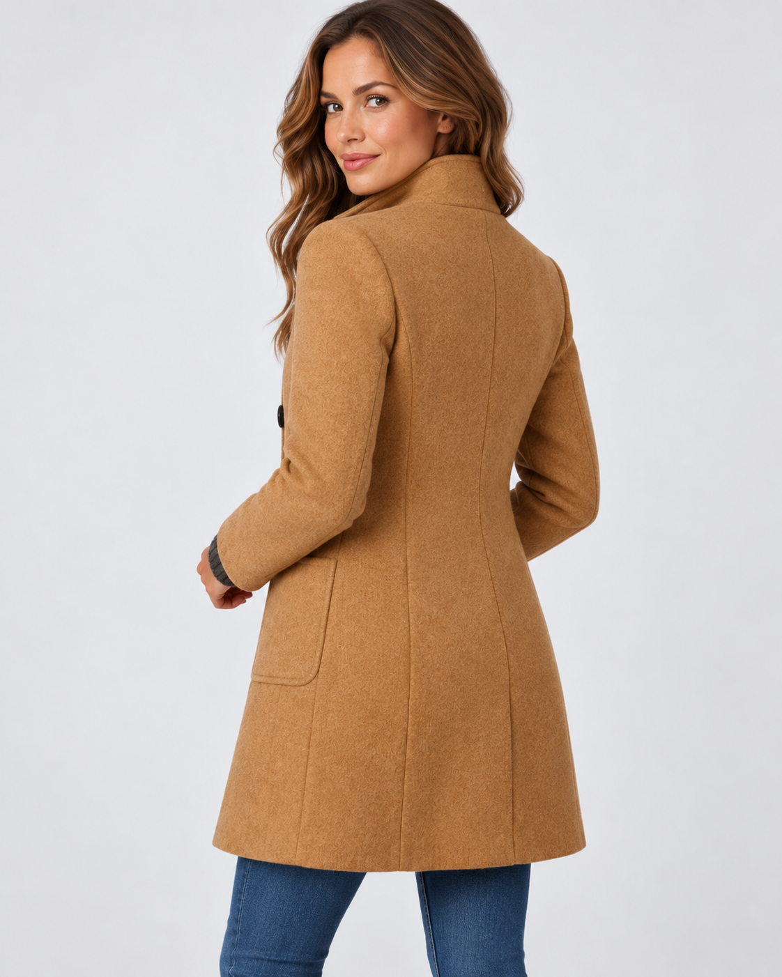 Women's Long Coat with Stand Collar and Button Front
