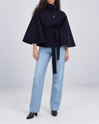 Women's Belted Cape Coat with High Collar and Button Front