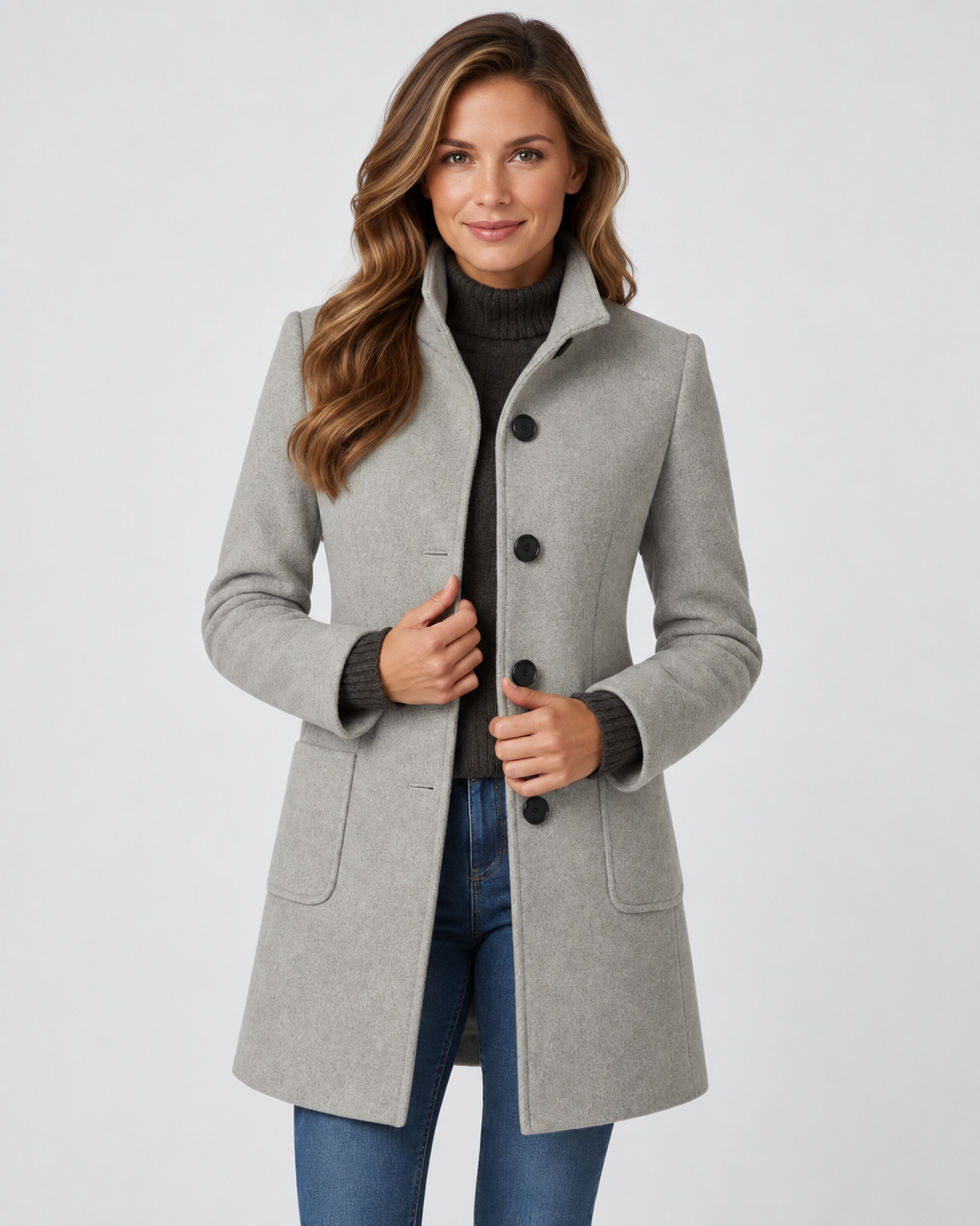Women's Long Coat with Stand Collar and Button Front