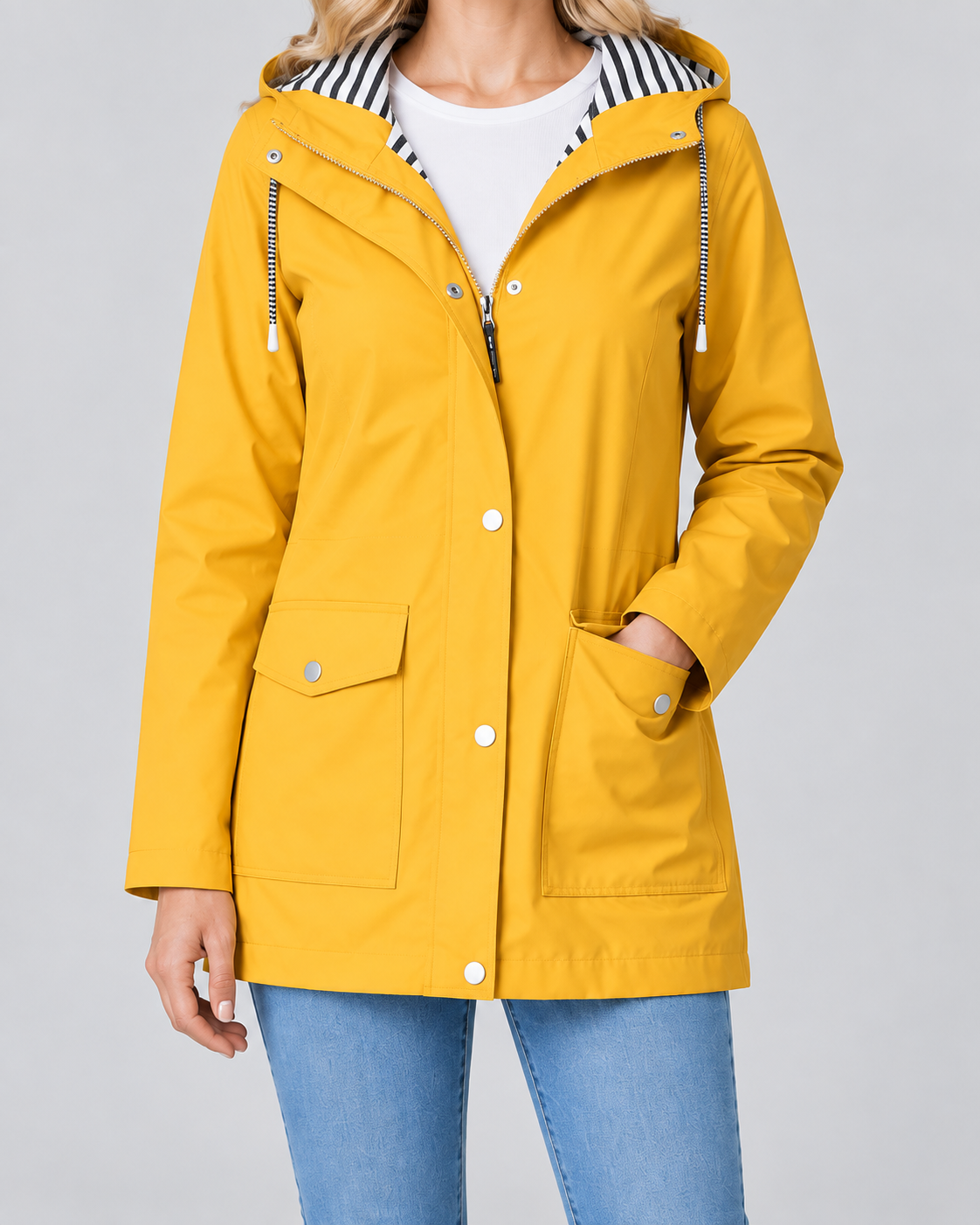 Women's Waterproof Windproof Hooded Rain Coat with Zip Front and Pockets