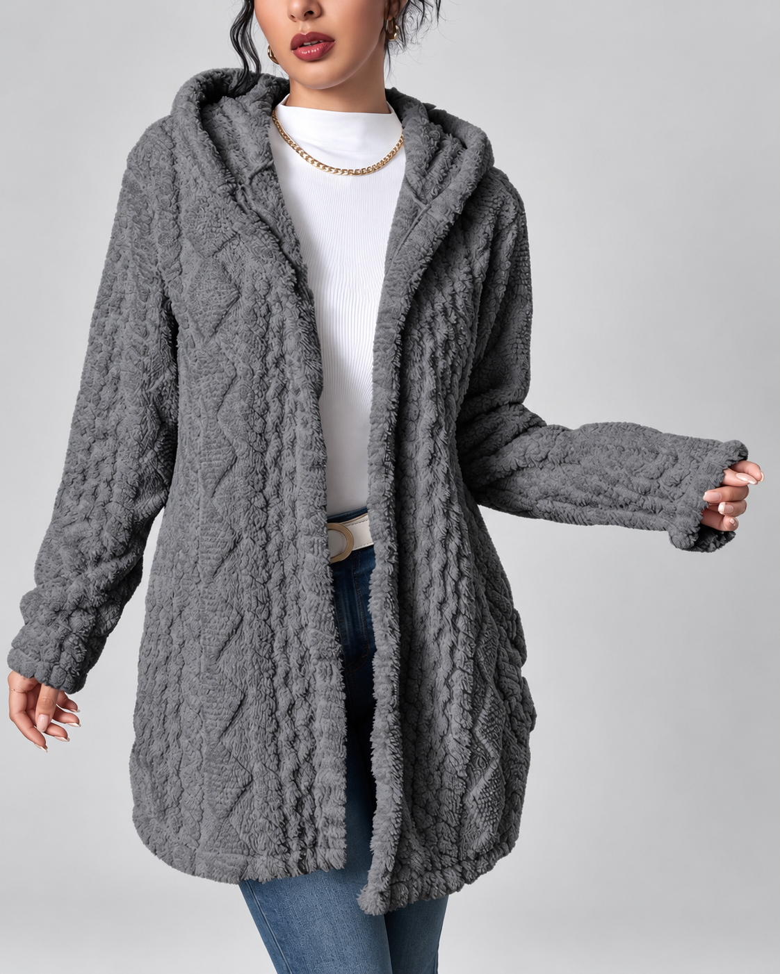 Women's Hooded Plush Cable Knit Longline Cardigan with Button Front