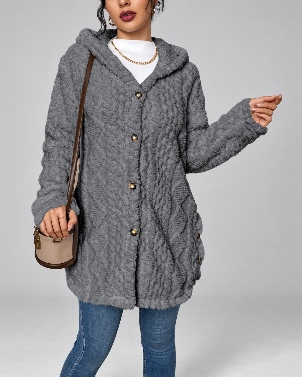 Women's Hooded Plush Cable Knit Longline Cardigan with Button Front