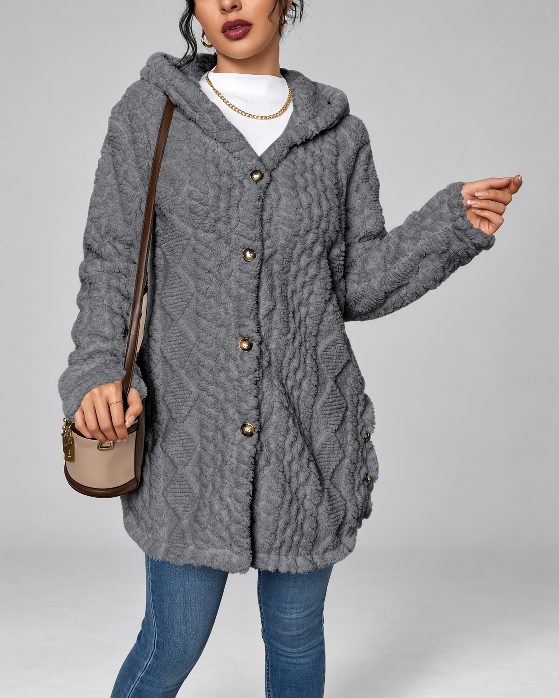 Women's Hooded Plush Cable Knit Longline Cardigan with Button Front