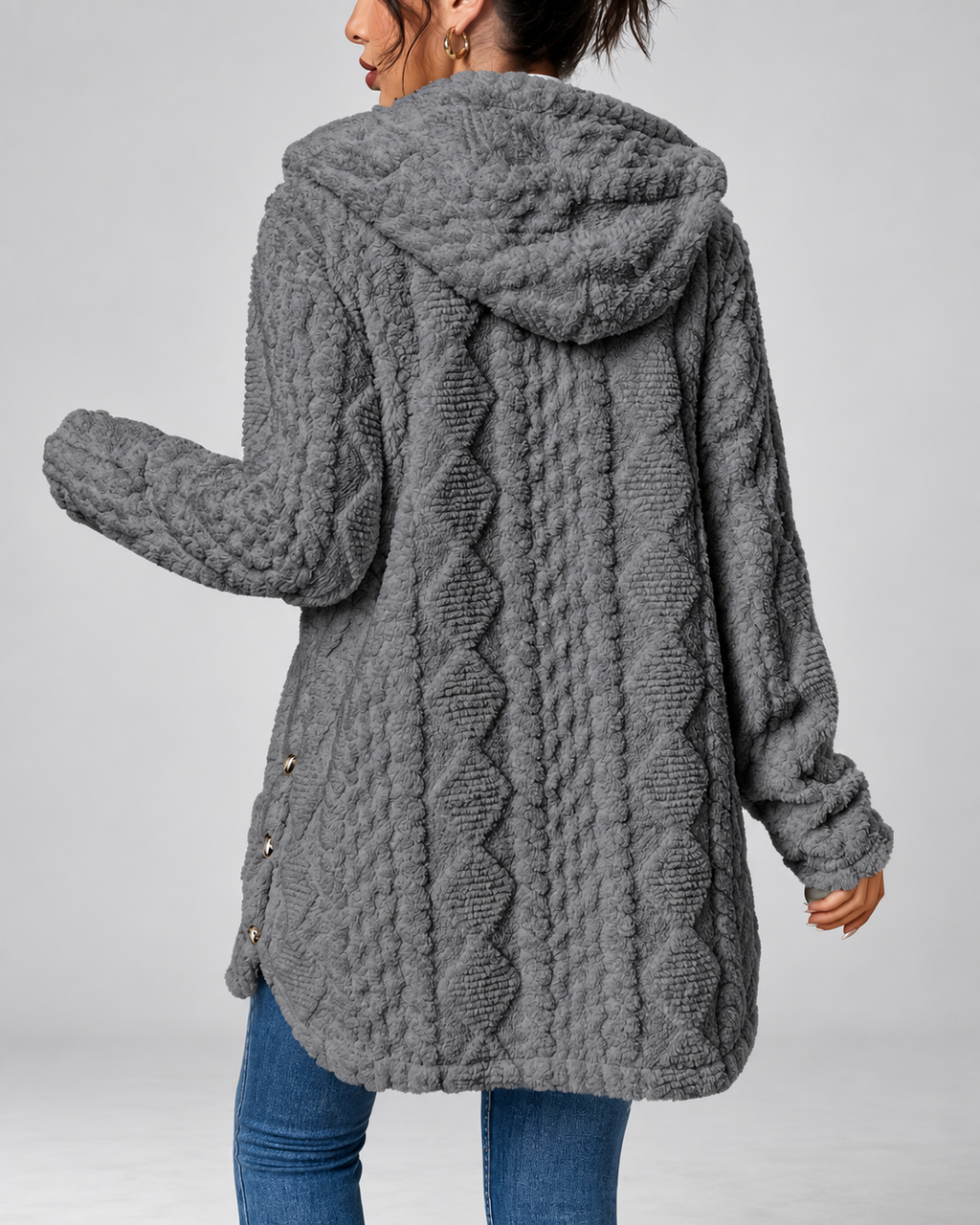 Women's Hooded Plush Cable Knit Longline Cardigan with Button Front