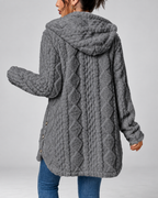 Women's Hooded Plush Cable Knit Longline Cardigan with Button Front