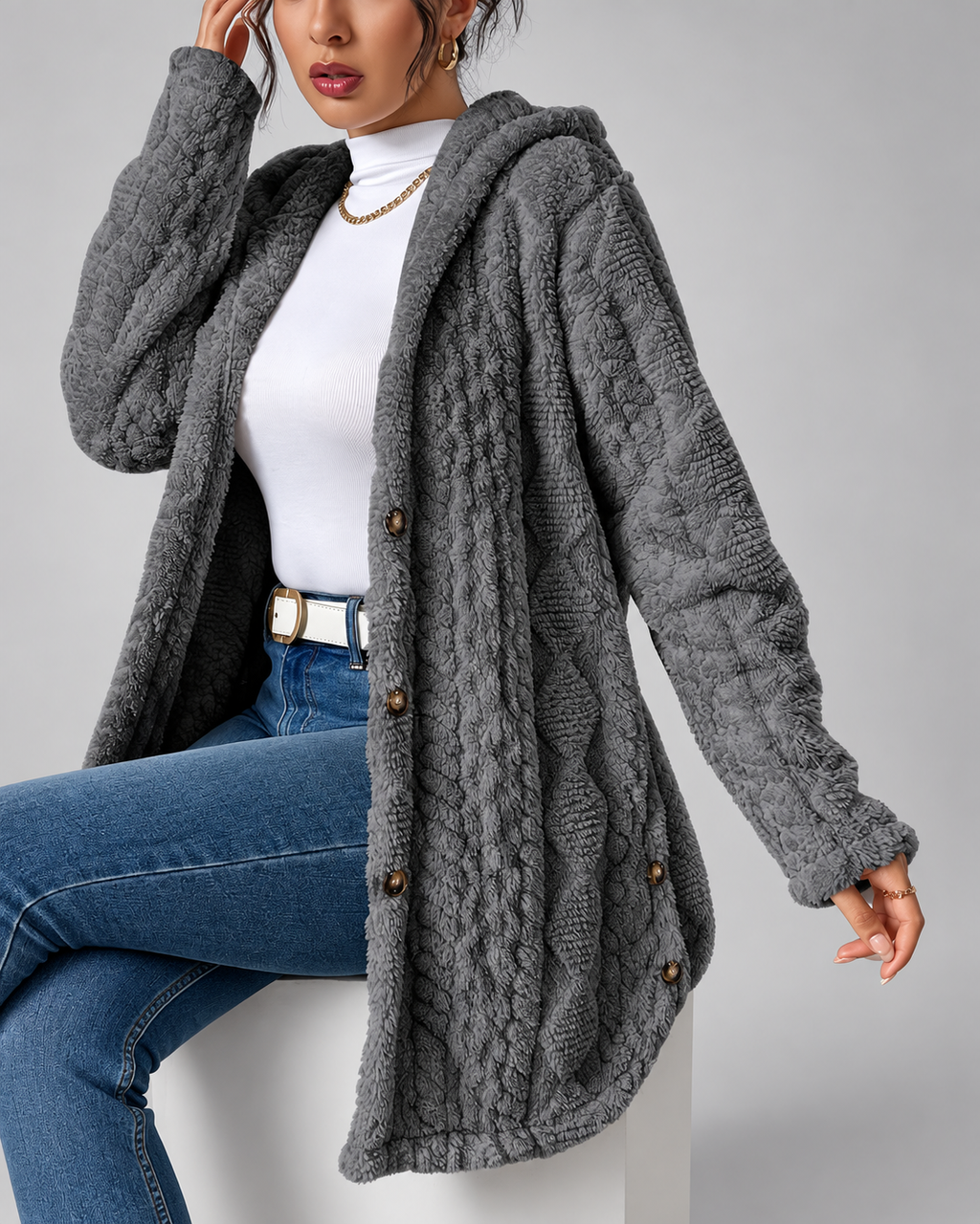 Women's Hooded Plush Cable Knit Longline Cardigan with Button Front