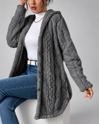 Women's Hooded Plush Cable Knit Longline Cardigan with Button Front