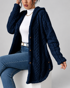 Women's Hooded Plush Cable Knit Longline Cardigan with Button Front