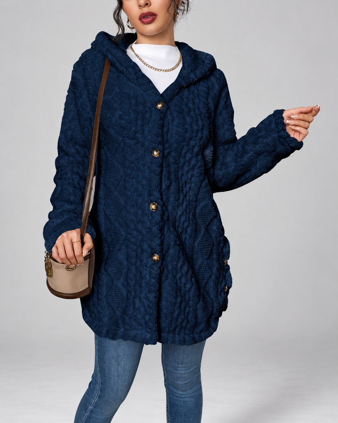 Women's Hooded Plush Cable Knit Longline Cardigan with Button Front