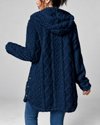 Women's Hooded Plush Cable Knit Longline Cardigan with Button Front