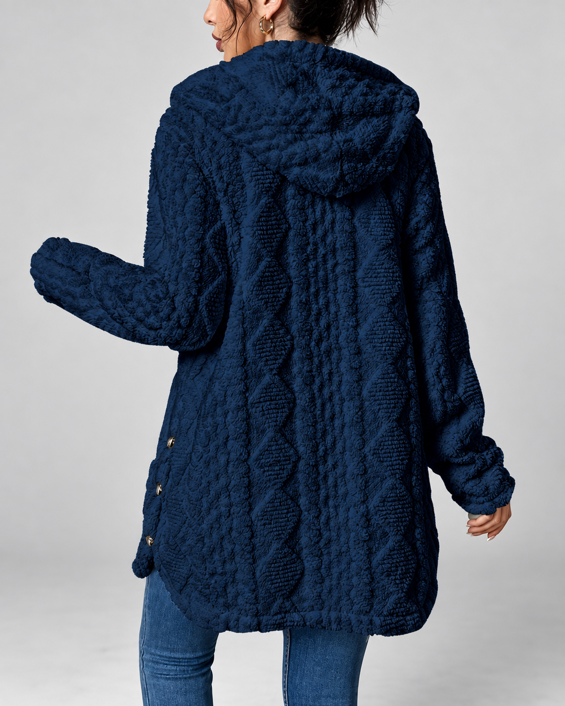 Women's Hooded Plush Cable Knit Longline Cardigan with Button Front