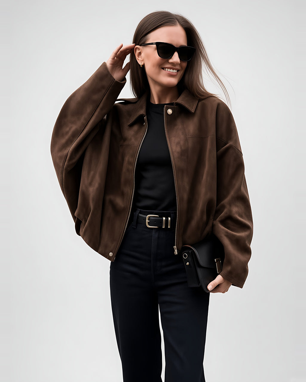 Women's Suede Look Cropped Jacket in Coffee – front