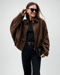 Women's Suede Look Cropped Jacket in Coffee – front