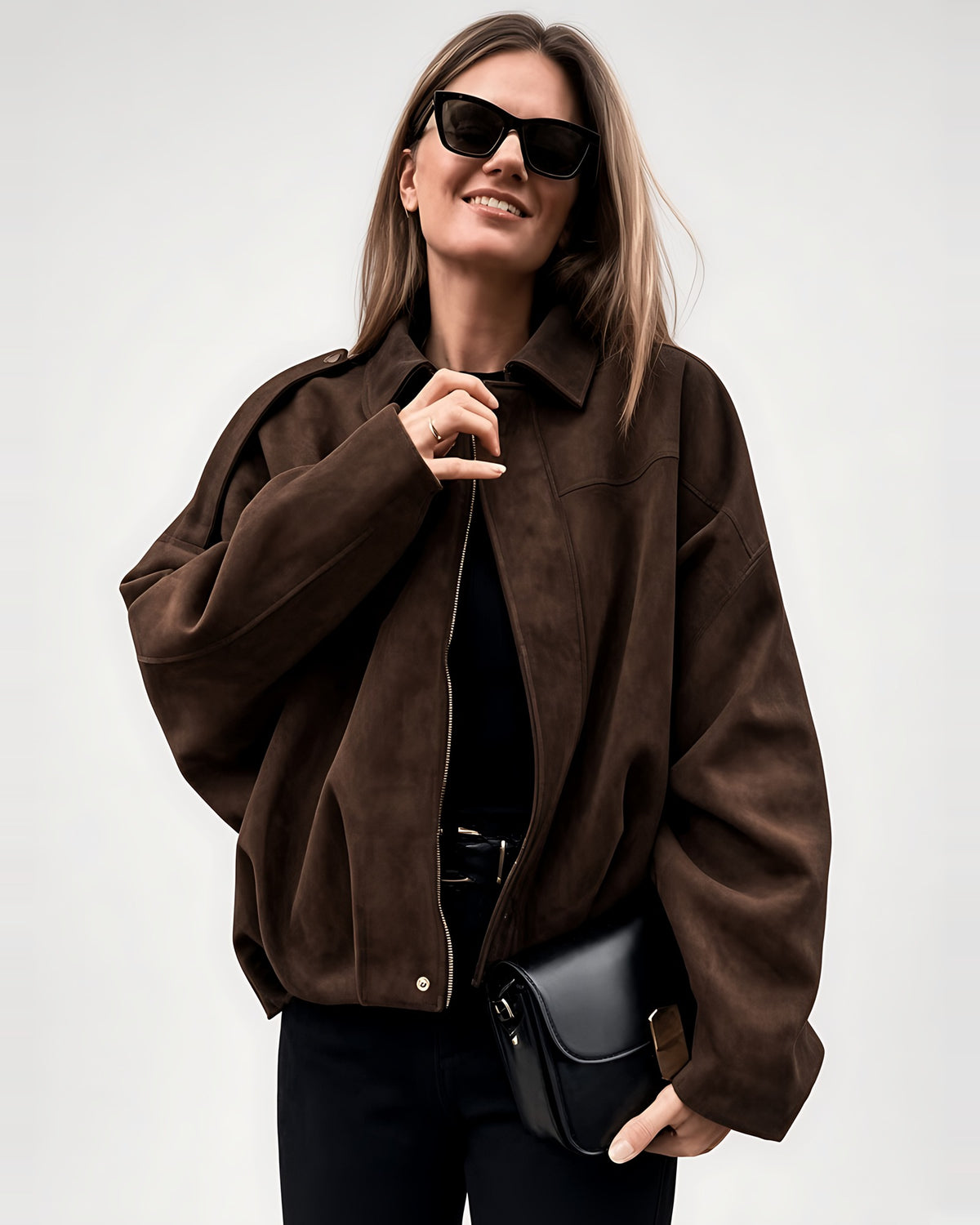 Women's Suede Look Cropped Jacket in Coffee – front