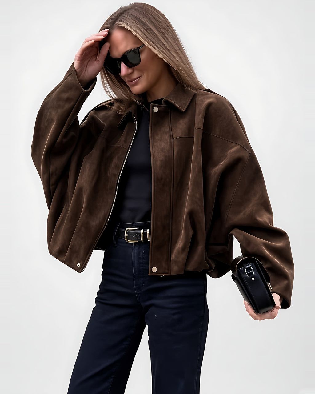 Women's Suede Look Cropped Jacket in Coffee – front