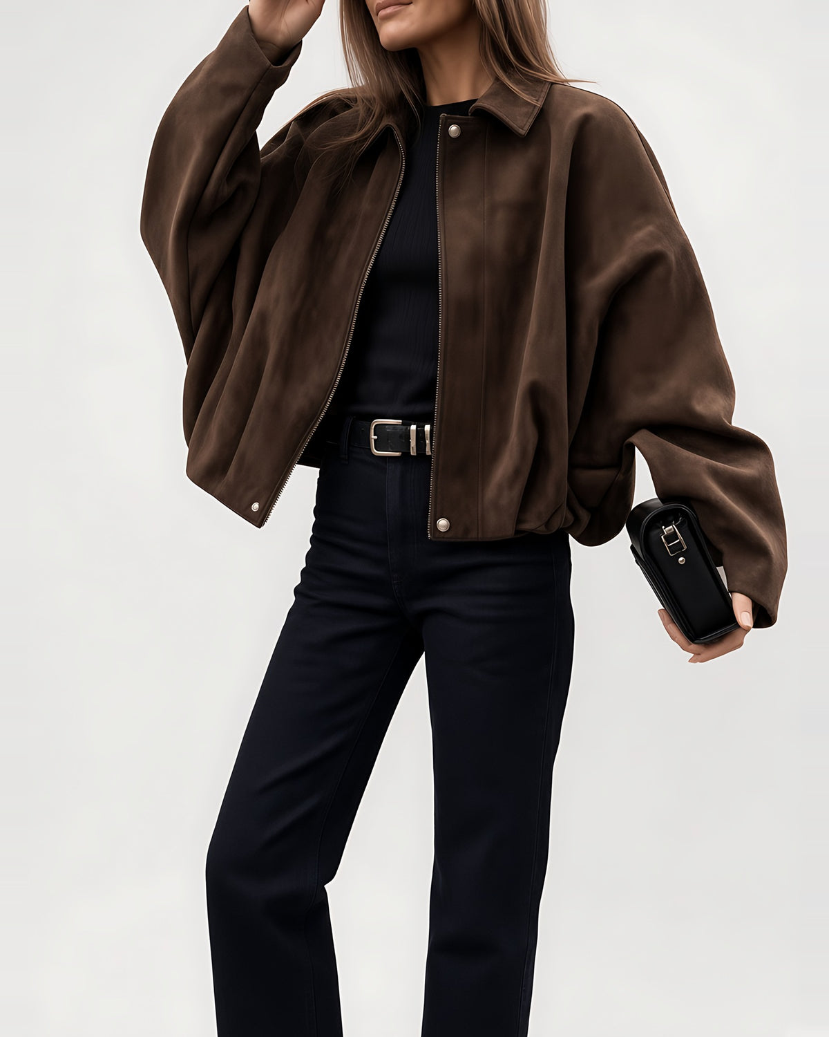 Women's Suede Look Cropped Jacket in Coffee – three-quarter