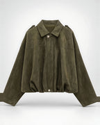 Women's Suede Look Cropped Jacket in Olive Green – flat front