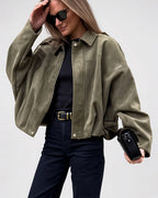 Women's Suede Look Cropped Jacket in Olive Green – front