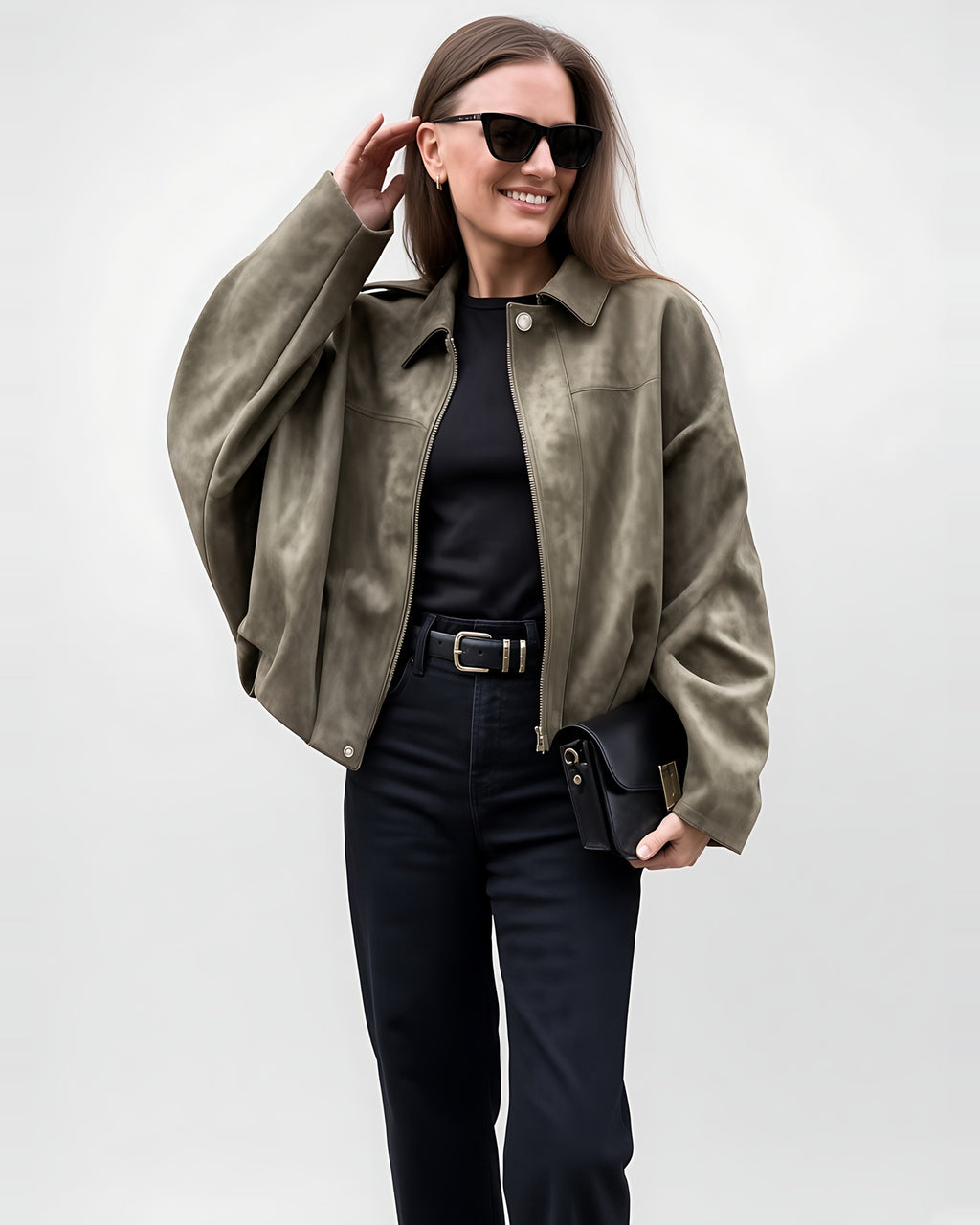 Women's Suede Look Cropped Jacket in Olive Green – front
