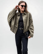 Women's Suede Look Cropped Jacket in Olive Green – front