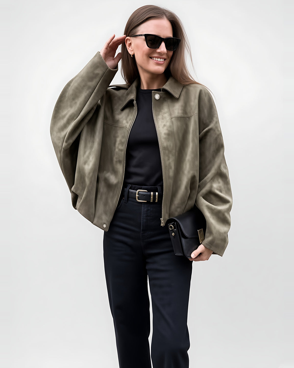 Women's Suede Look Cropped Jacket in Olive Green – front