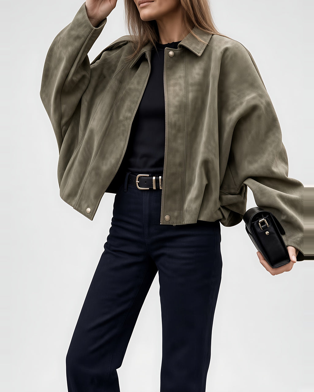 Women's Suede Look Cropped Jacket in Olive Green – front