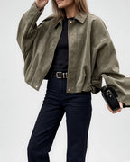 Women's Suede Look Cropped Jacket in Olive Green – front