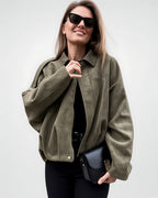 Women's Suede Look Cropped Jacket in Olive Green – three-quarter
