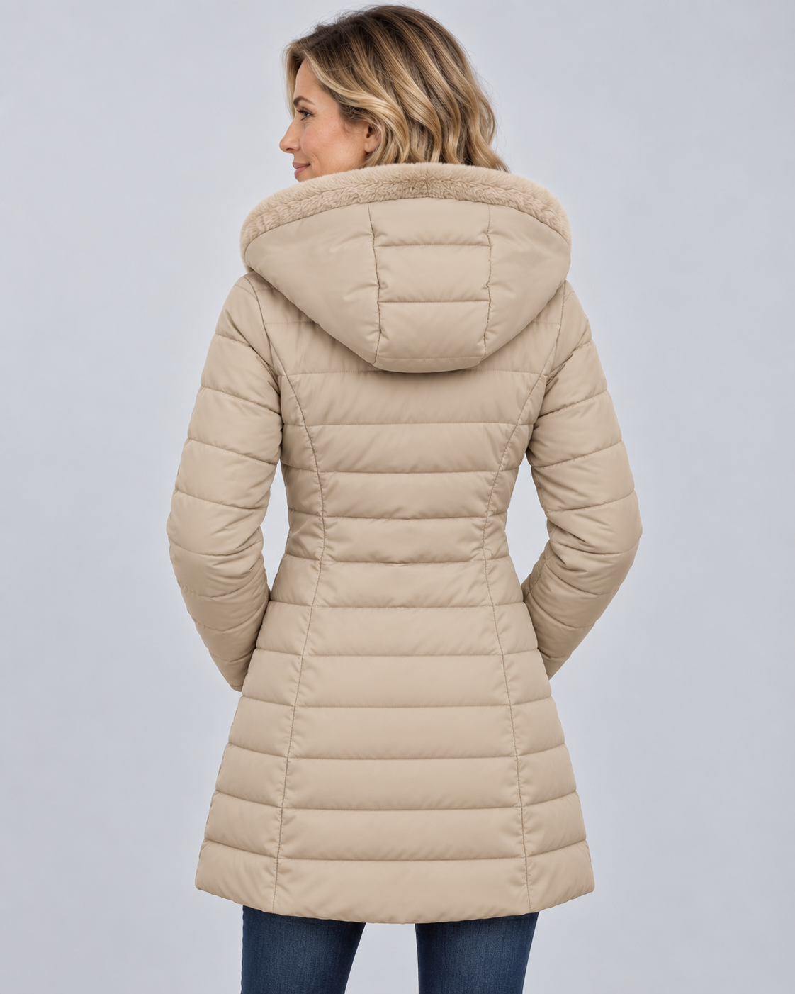 Women's Hooded Puffer Jacket with Fleece Lining and Zip Front