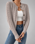 Women's Cable Knit Cardigan with Round Neck and Button Front