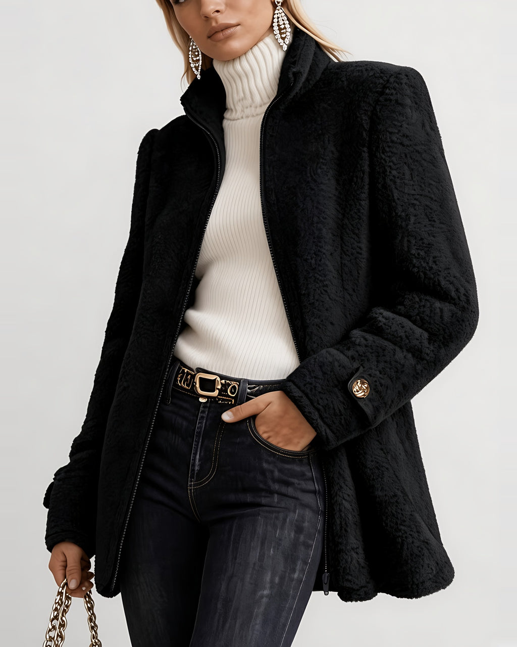 Women's Teddy Jacket in Black – front open