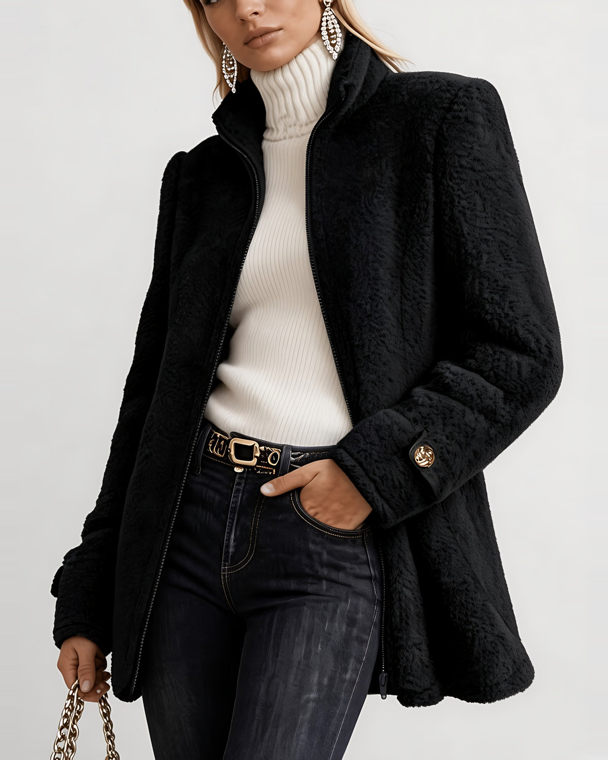 Women's Teddy Jacket in Black – front open