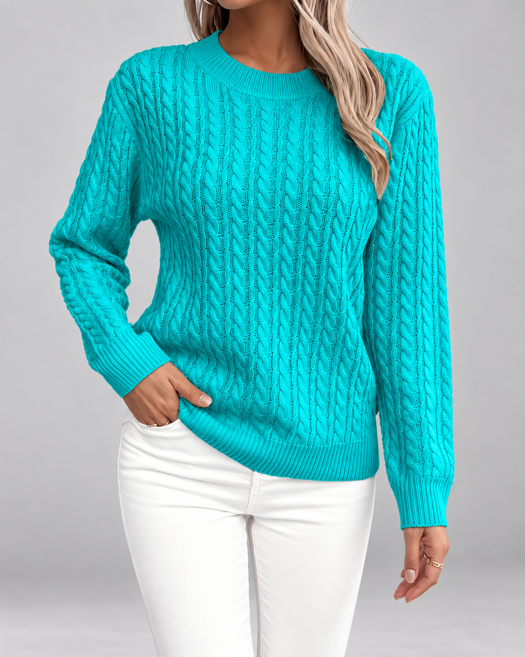 Women's Cable Textured Jumper with Crew Neck and Ribbed Cuffs