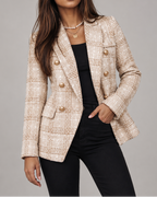 Women's Double Breasted Checked Tweed Blazer Jacket with Notch Lapel