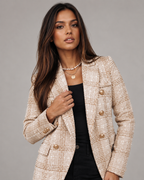 Women's Fitted Double Breasted Notch Lapel Textured Check Blazer