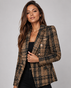 Women's Fitted Double Breasted Notch Lapel Textured Check Blazer
