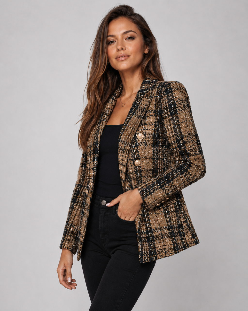 Women's Fitted Double Breasted Notch Lapel Textured Check Blazer
