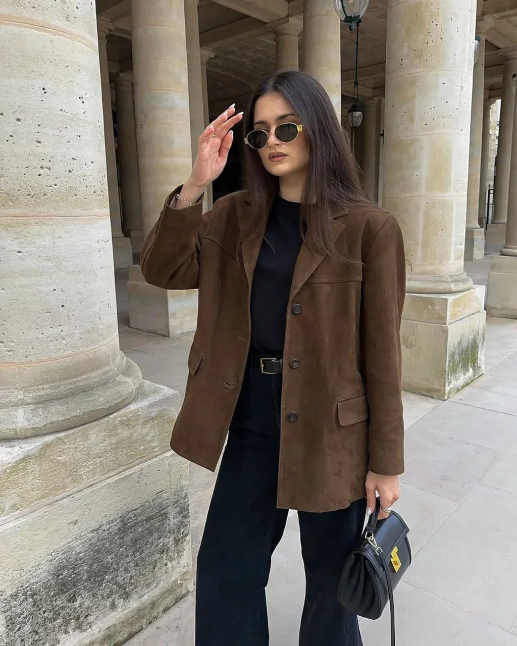 Women's Brown Suede Style Blazer Jacket with Notch Lapels and Pockets