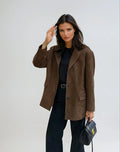 Women's Brown Suede Style Blazer Jacket with Notch Lapels and Pockets