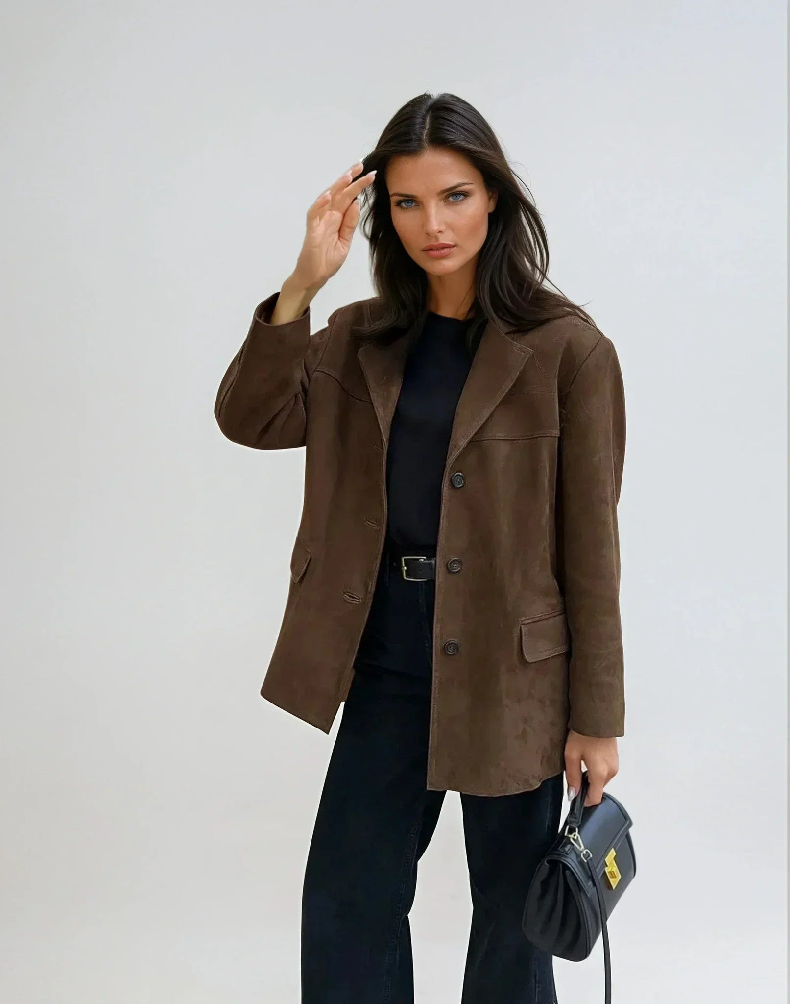 Women's Brown Suede Style Blazer Jacket with Notch Lapels and Pockets