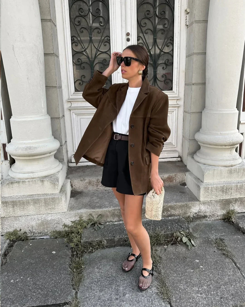 Women's Brown Suede Style Blazer Jacket with Notch Lapels and Pockets
