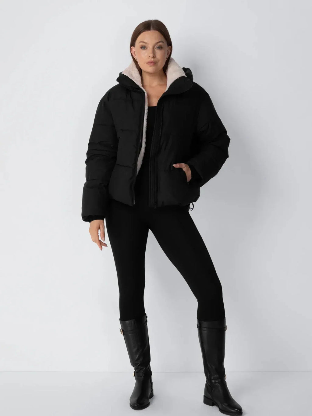 Women's Padded Hooded Puffer Jacket with Fleece Lining and Pockets