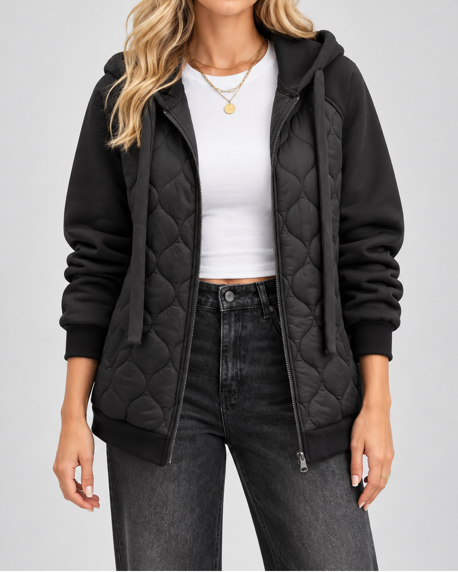 Women's Oversized Quilted Jacket with Fleece Hood and Zip Front