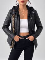 Women's Biker Jacket with Removable Hood – Black – 3