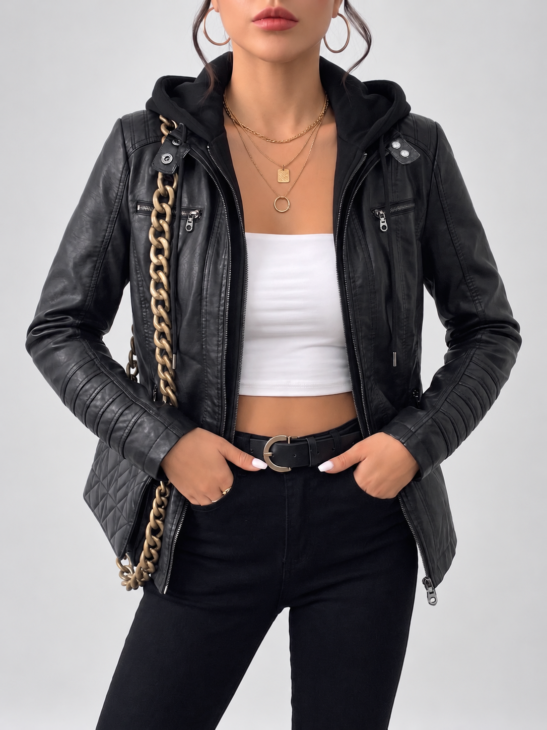 Women's Biker Jacket with Removable Hood – Black – 3