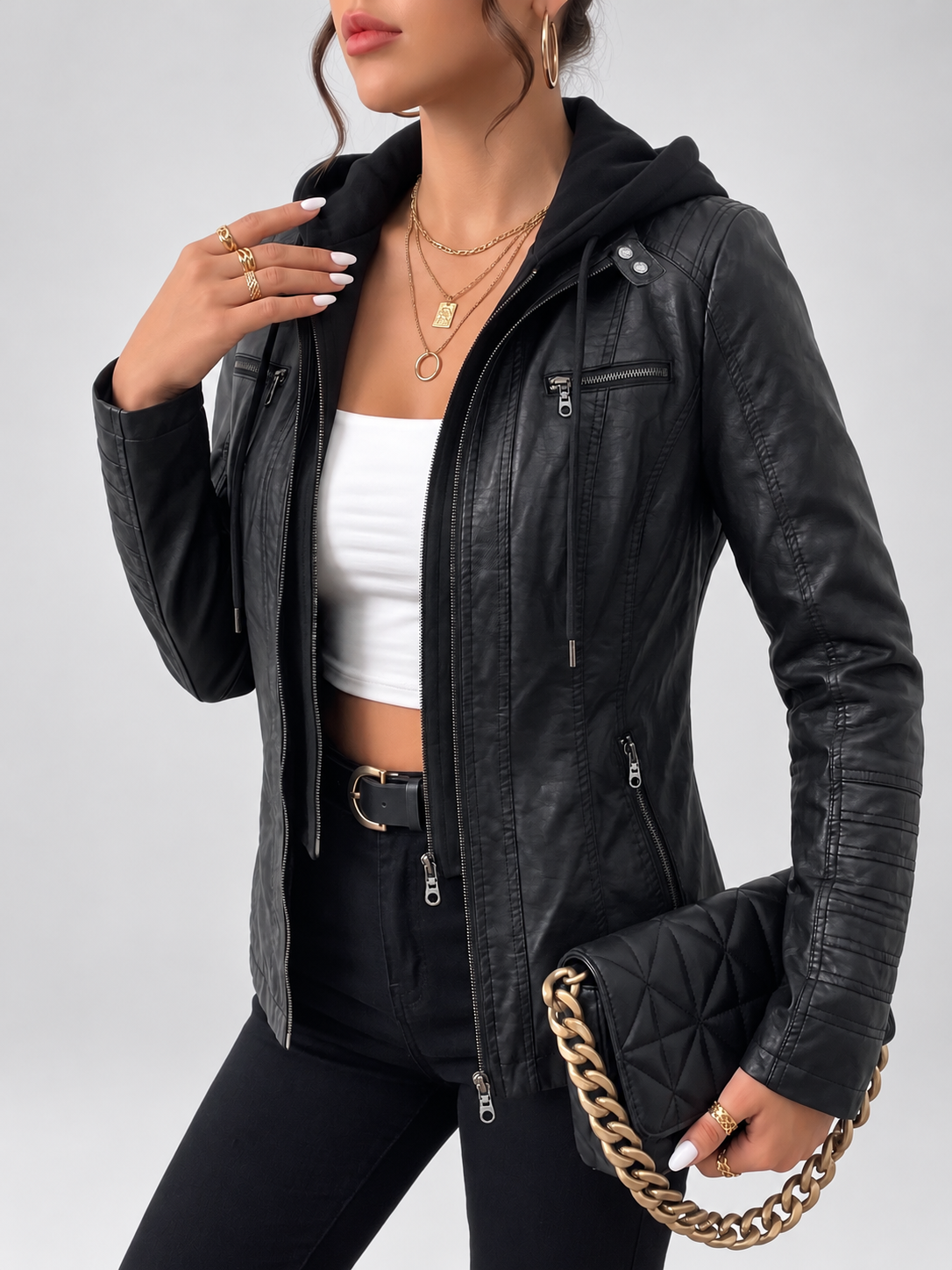 Women's Biker Jacket with Removable Hood – Black – 5
