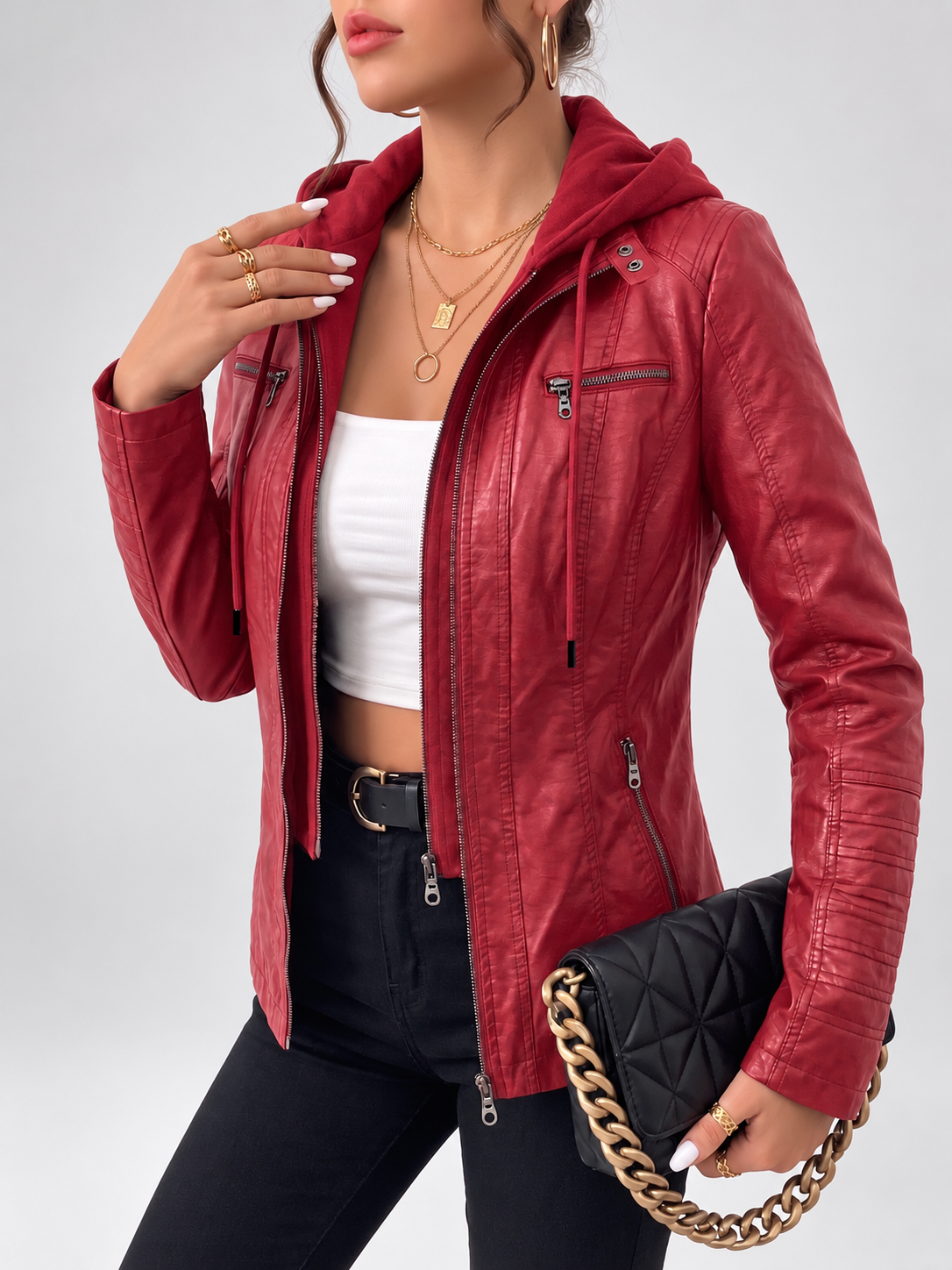 Women's Biker Jacket with Removable Hood – Red – 1